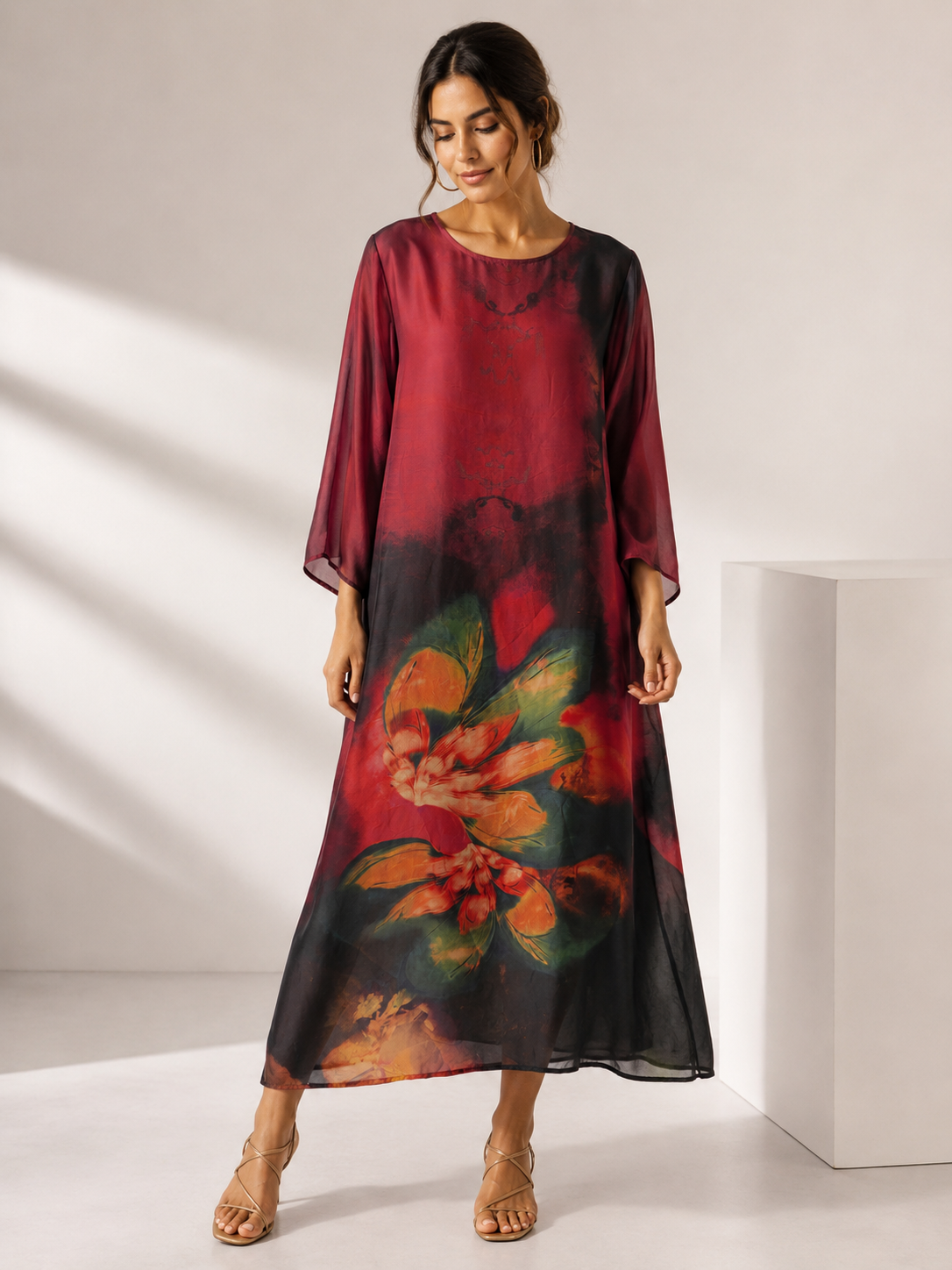 Italian Floral Tunic Dress - Burgundy