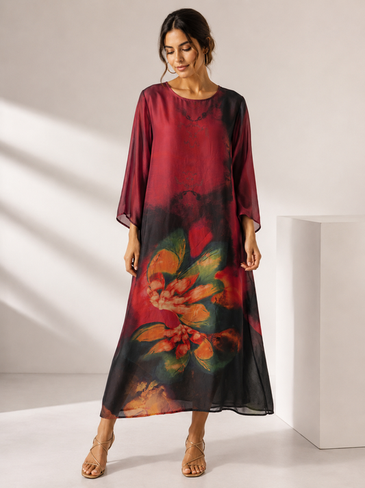 Italian Floral Tunic Dress - Burgundy