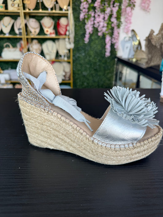Espadrille Silver Leather Upper with Flower accent