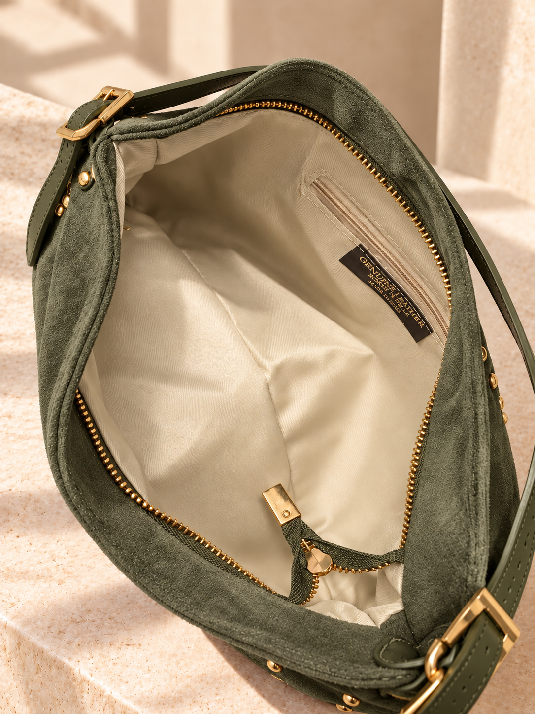 Olive green Italian Studded Suede Shoulder Bag