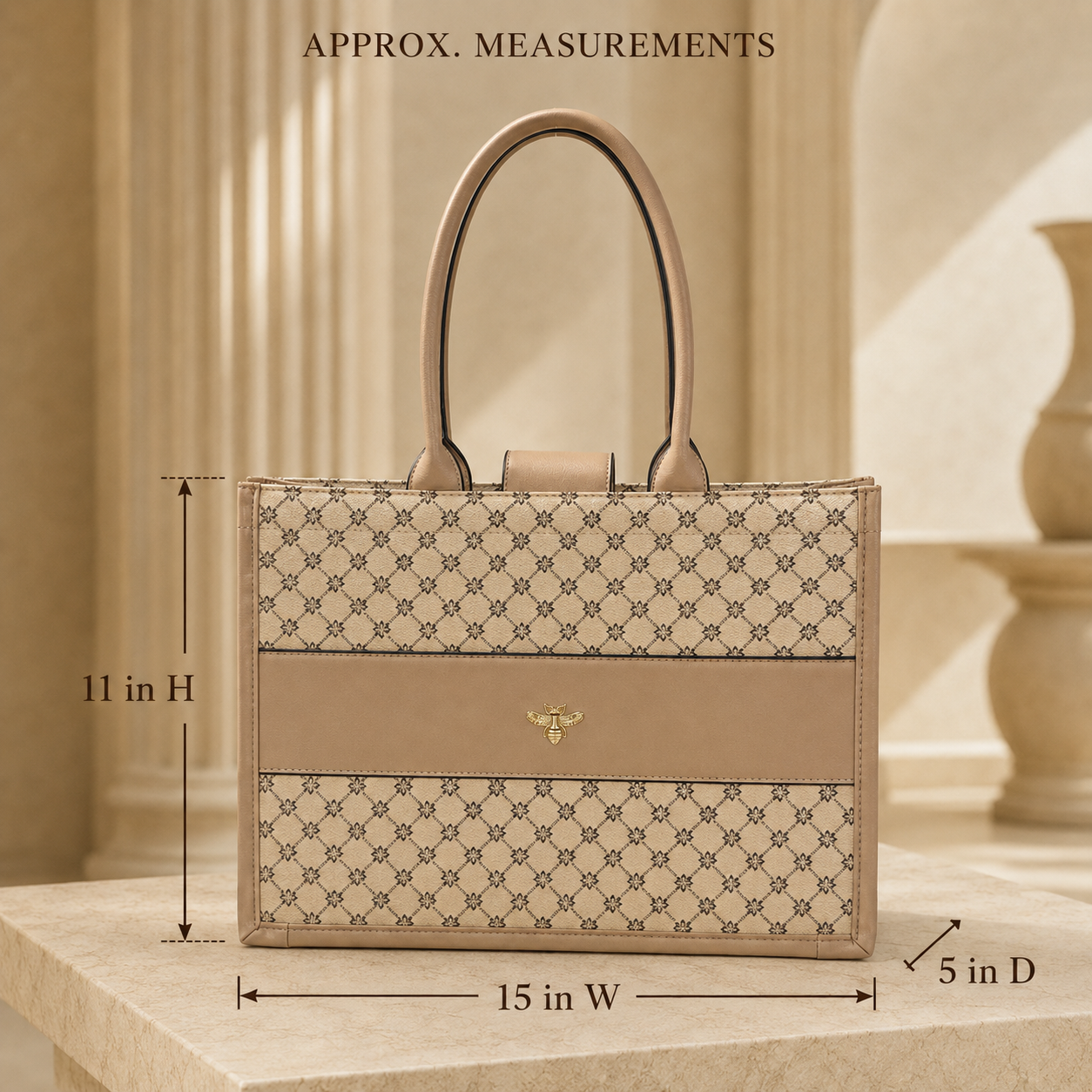 Taupe Monogram Bee Vegan Leather Tote Bag