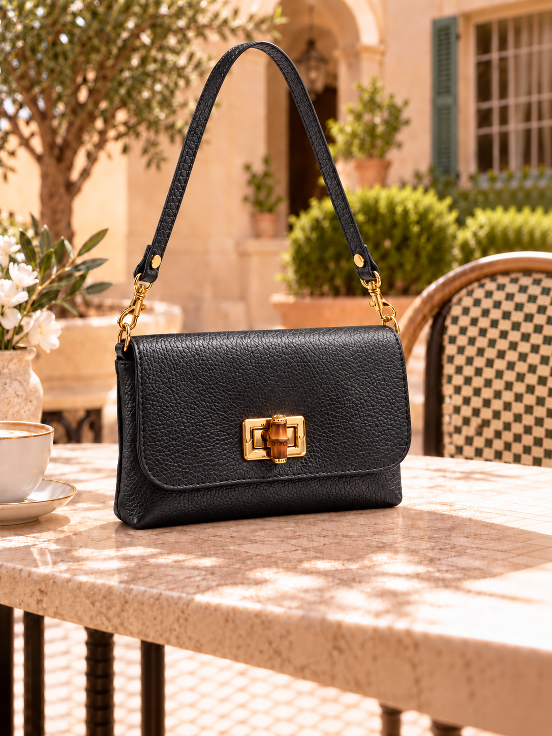 Black Italian Leather Bamboo-Detail Bag