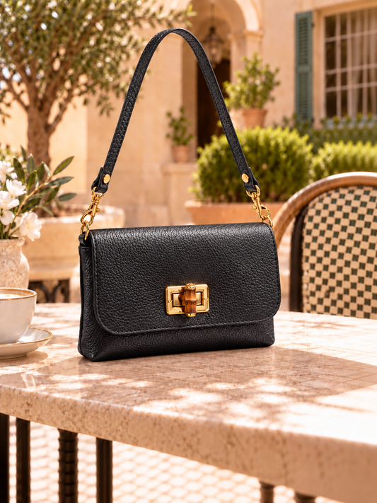 Black Italian Leather Bamboo-Detail Bag