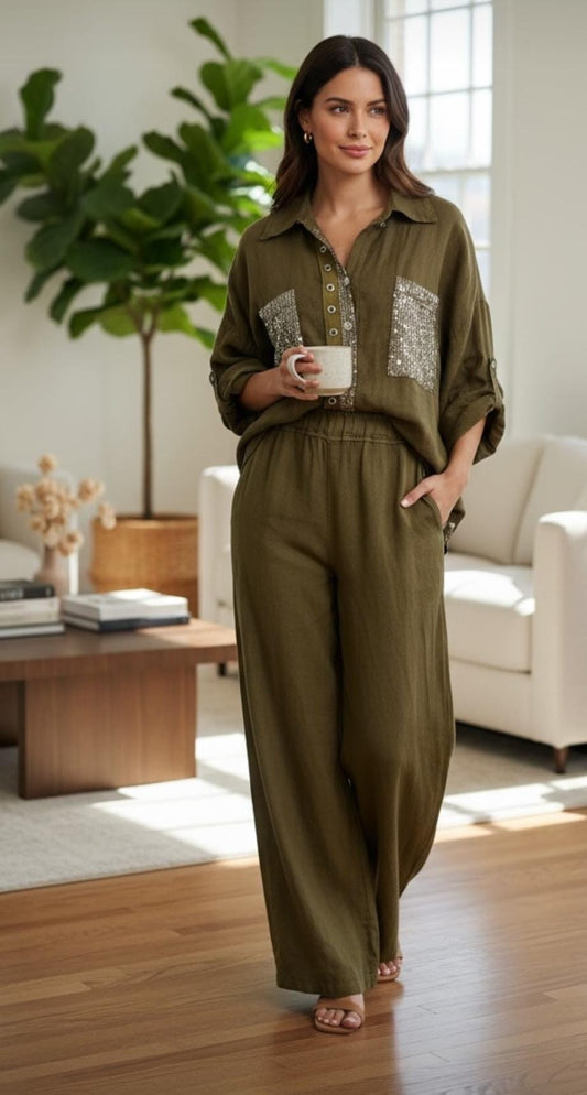 Italian linen set with sequins Olive