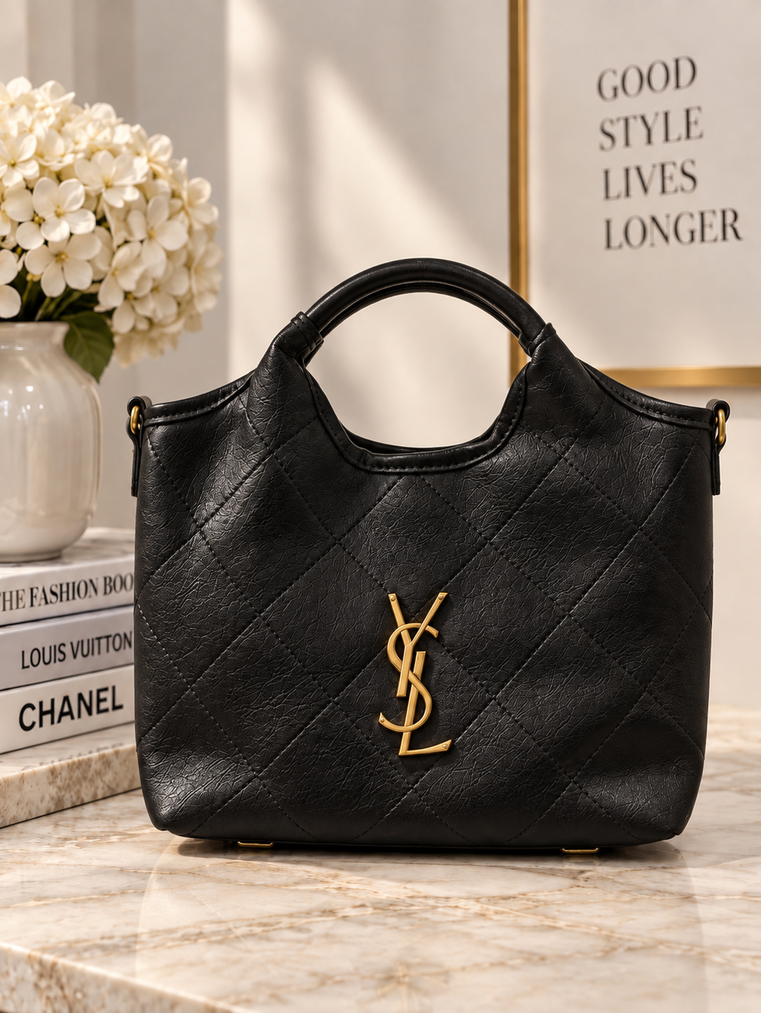 Designer-Inspired Quilted Top Bag Black