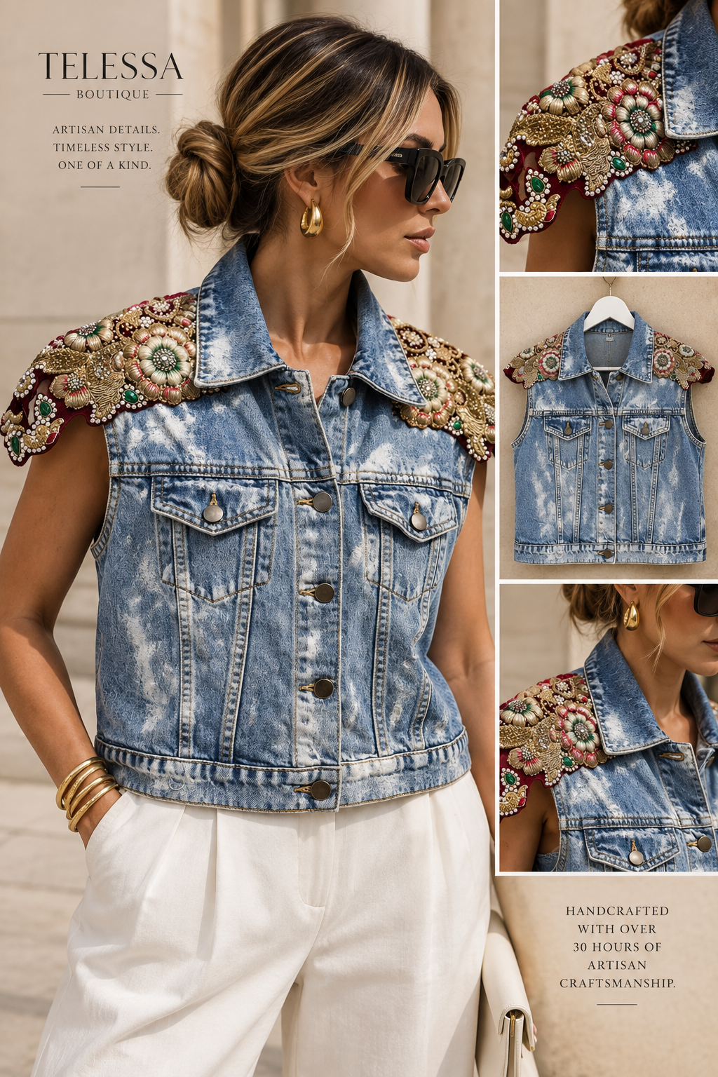 One-of-a-Kind Artisan Embellished Denim Vest Wine/Silver