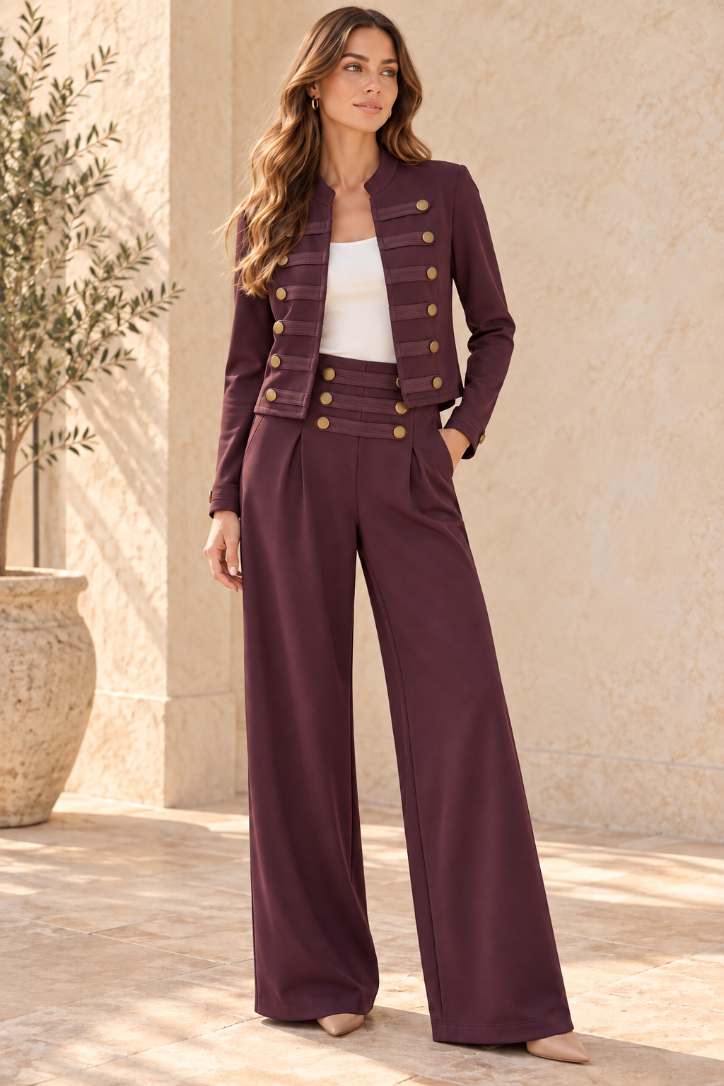 Italian Button-Detail Two-Piece Set Wine