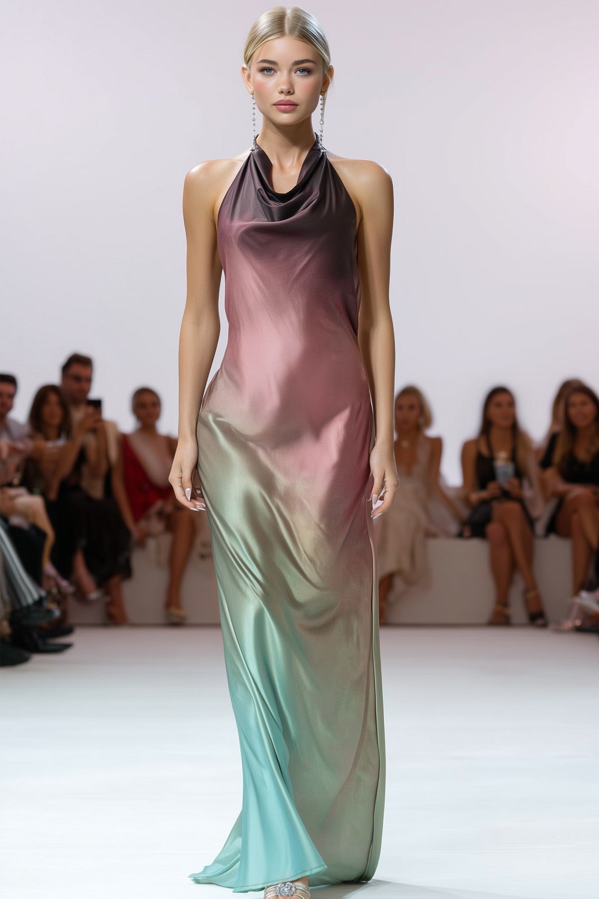 Cowl Neck Halter Tier Tie Back Neck Strap Ombre Maxi Dress