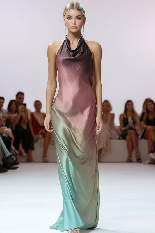 Cowl Neck Halter Tier Tie Back Neck Strap Ombre Maxi Dress