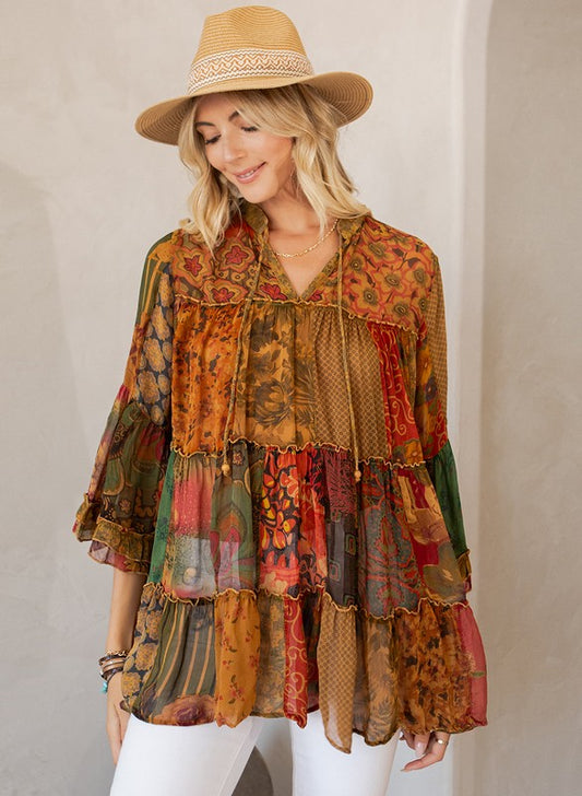 Bohemian Top 3/4 Sleeve Top In Camel