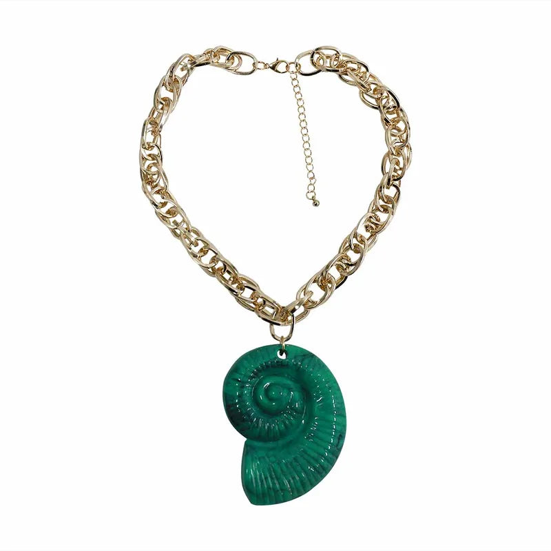 Green Conch Necklace With Electroplated Golden Plated Metal