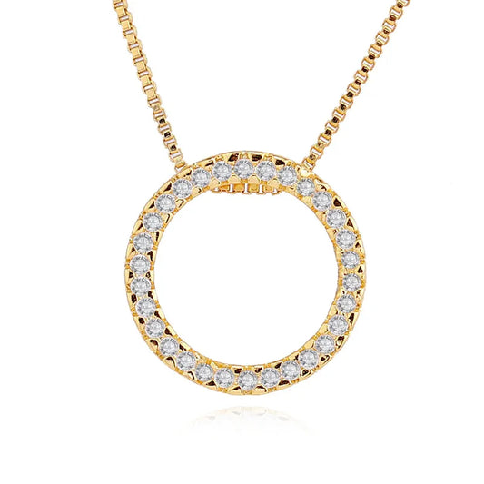 Gold Copper Box Chain Inlay Round Zircon Pendant Necklace