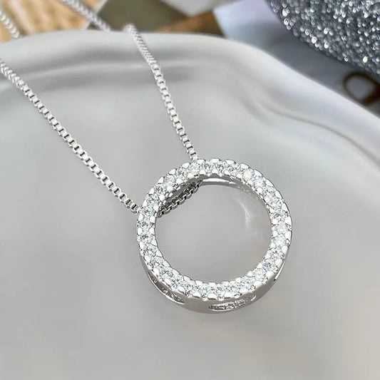 Silver Copper Box Chain Inlay Round Zircon Pendant Necklace