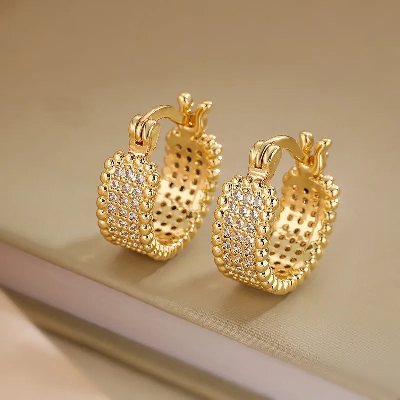 Geometric Hoop Earrings For Women In Copper With Zircon Inlay, Featuring 18K Gold Plated Design And Copper Ear Pins