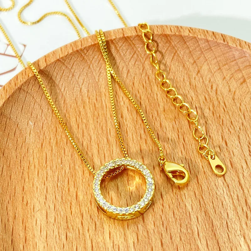 Gold Copper Box Chain Inlay Round Zircon Pendant Necklace