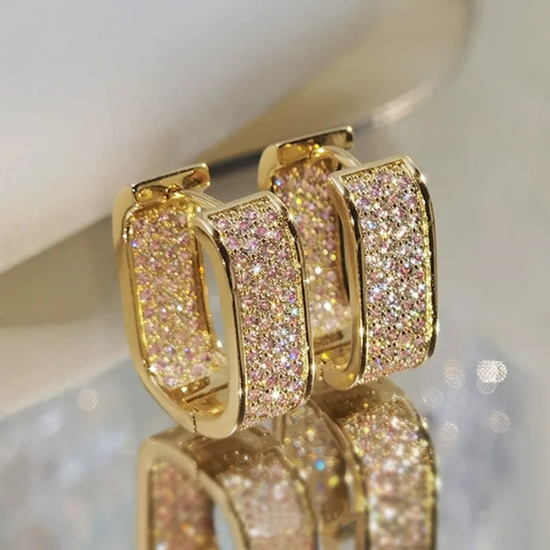 U Shape Hoop Light Pink Stone Earrings For Women With Claw Setting, Copper Base, KC Golden Plated Water Plating, Featuring Zircon Inlay