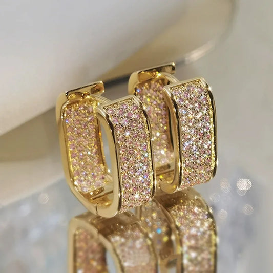 U Shape Hoop Light Pink Stone Earrings For Women With Claw Setting, Copper Base, KC Golden Plated Water Plating, Featuring Zircon Inlay