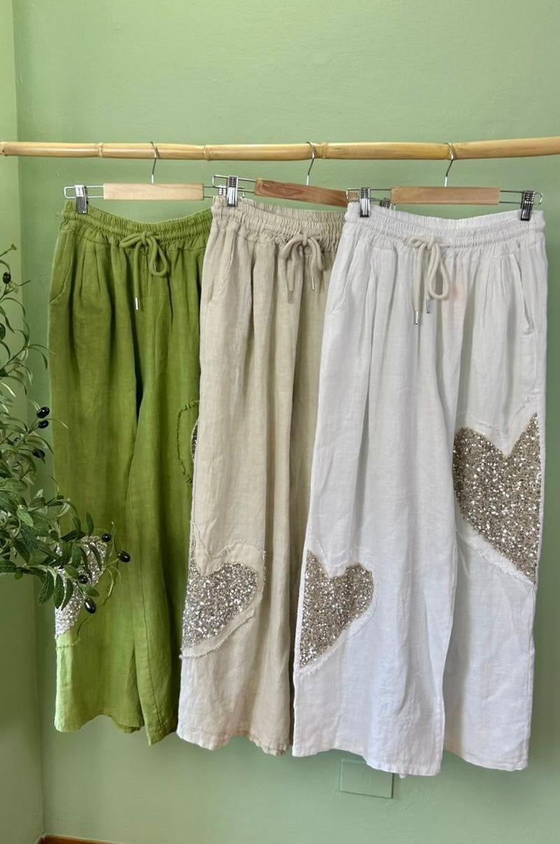 Italian Linen Sequins Accent Heart Set Beige