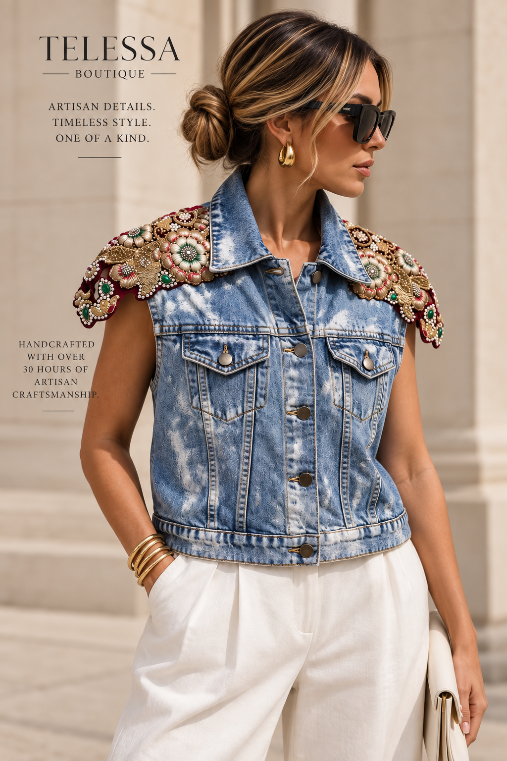 One-of-a-Kind Artisan Embellished Denim Vest Wine/Silver