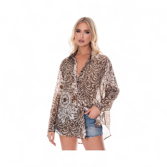 Long Sleeves Top with Glitter Accents Brown
