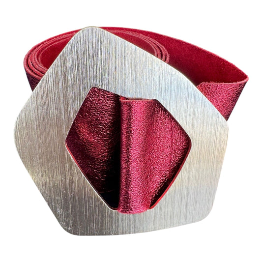 Metallic Red Belt with Brushed Statement Buckle