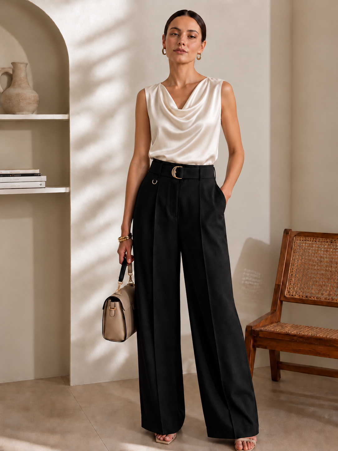 Sophia High-Waisted Belted Wide-Leg Pants Black