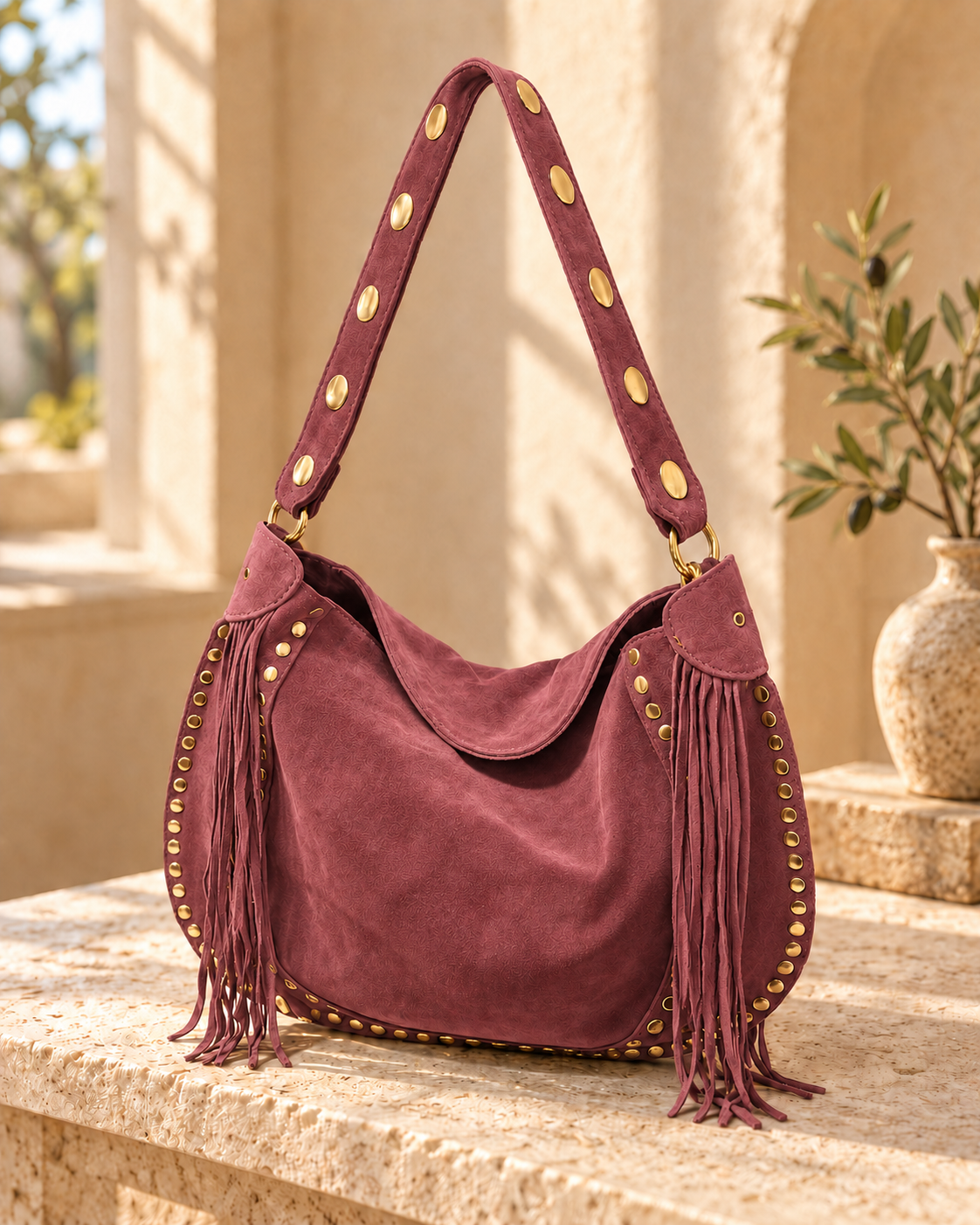Dusty mauve Boho Fringe Hobo Bag