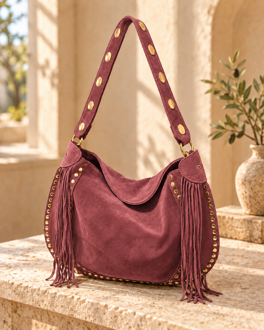 Wine Boho Fringe Hobo Bag