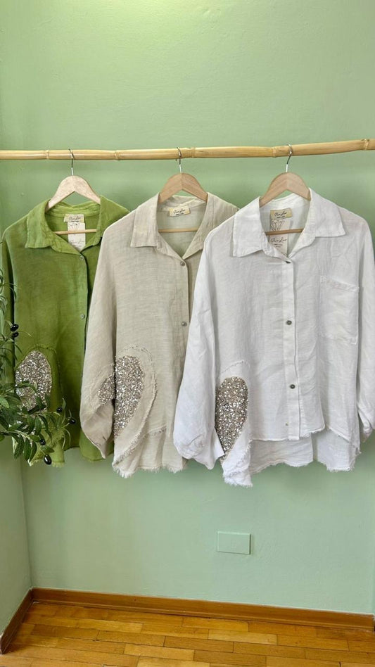 Italian Linen Sequins Heart  Accent Pant Set Green