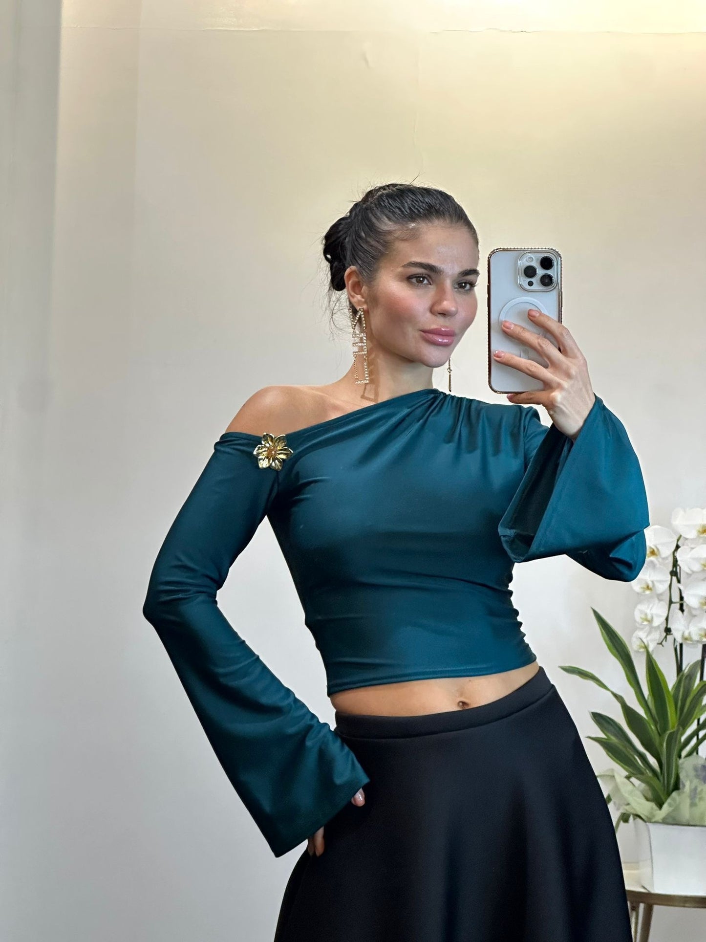 Blue Satin One-Shoulder Blouse with Flared Sleeve