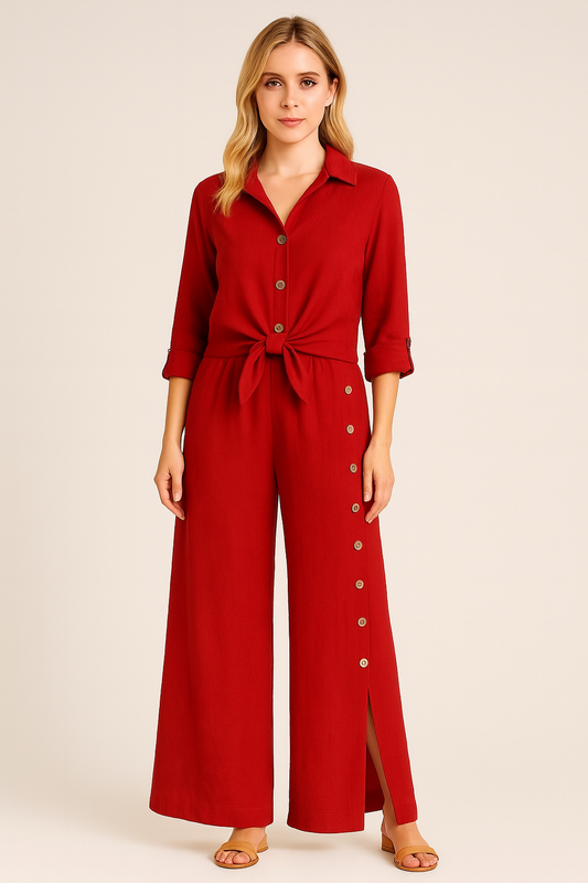 Italian Linen Set with Buttons Red