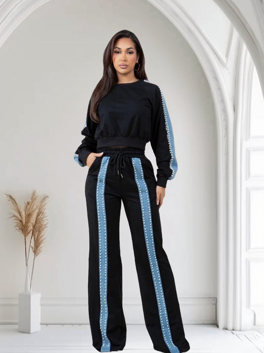 Denim Contrast Long Pant Set