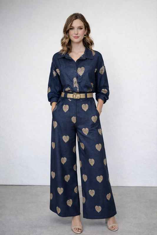 Italian Blue Set With Embroidery Gold Hearts