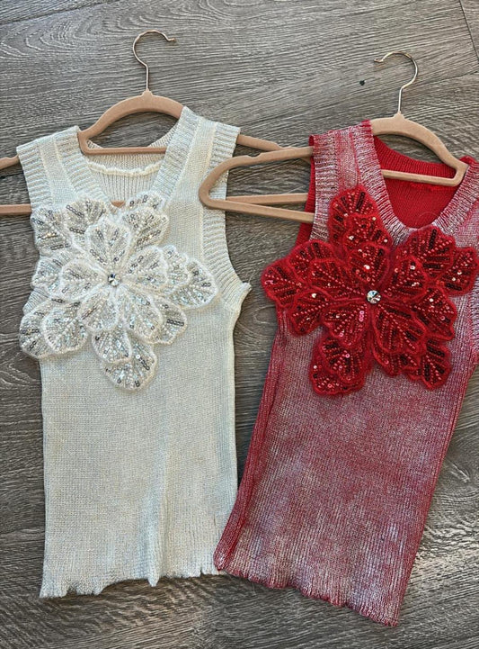 Beaded Flower Top Red