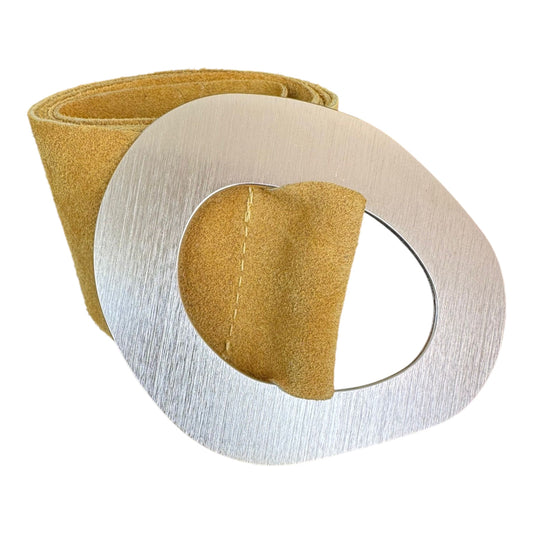Mustard Suede Geometric Gold Buckle Belt