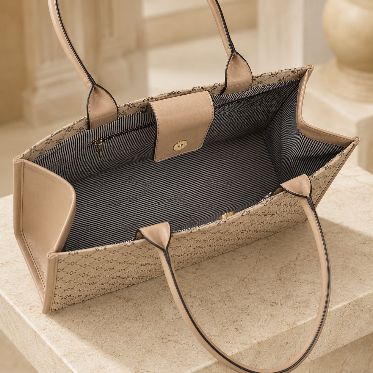 Taupe Monogram Bee Vegan Leather Tote Bag