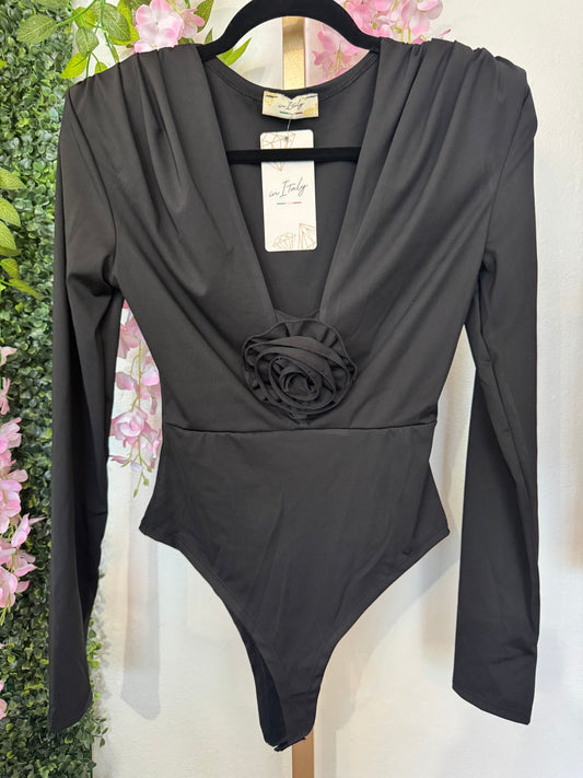 Italian Long Sleeve Bodysuit with Flower Accent Black