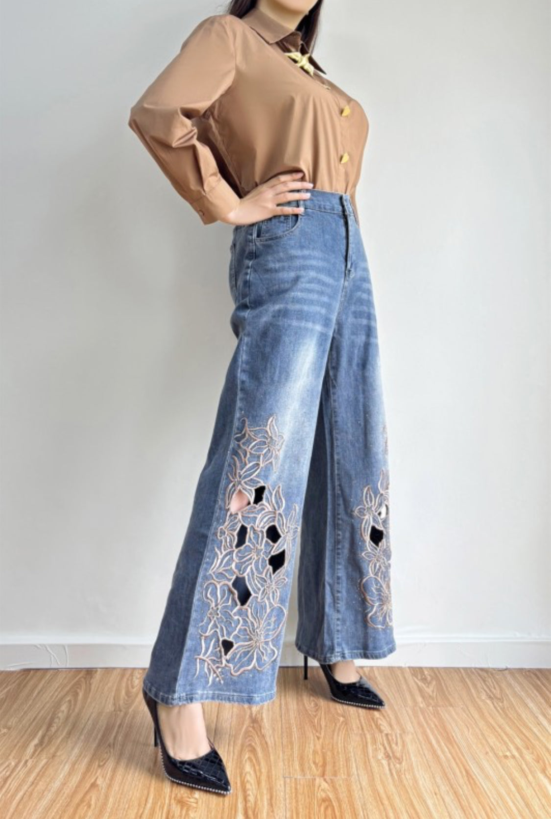 Wide Leg Jean With Floral Cutouts Embroidery