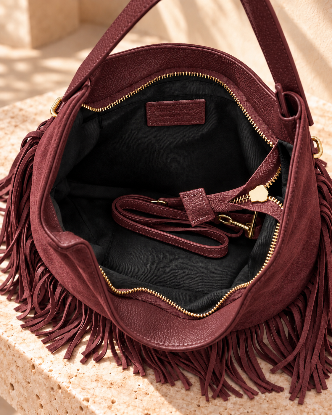 Burgundy Boho Fringe Hobo Bag