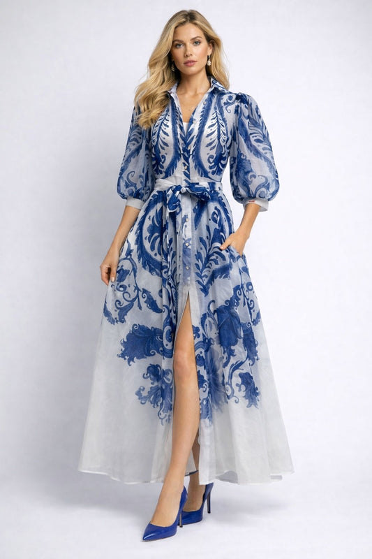 N by Nancy Paisley Organza Maxi Dress Blue and White