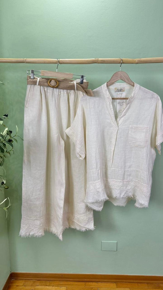 Italian Linen Set With Belt Ivory