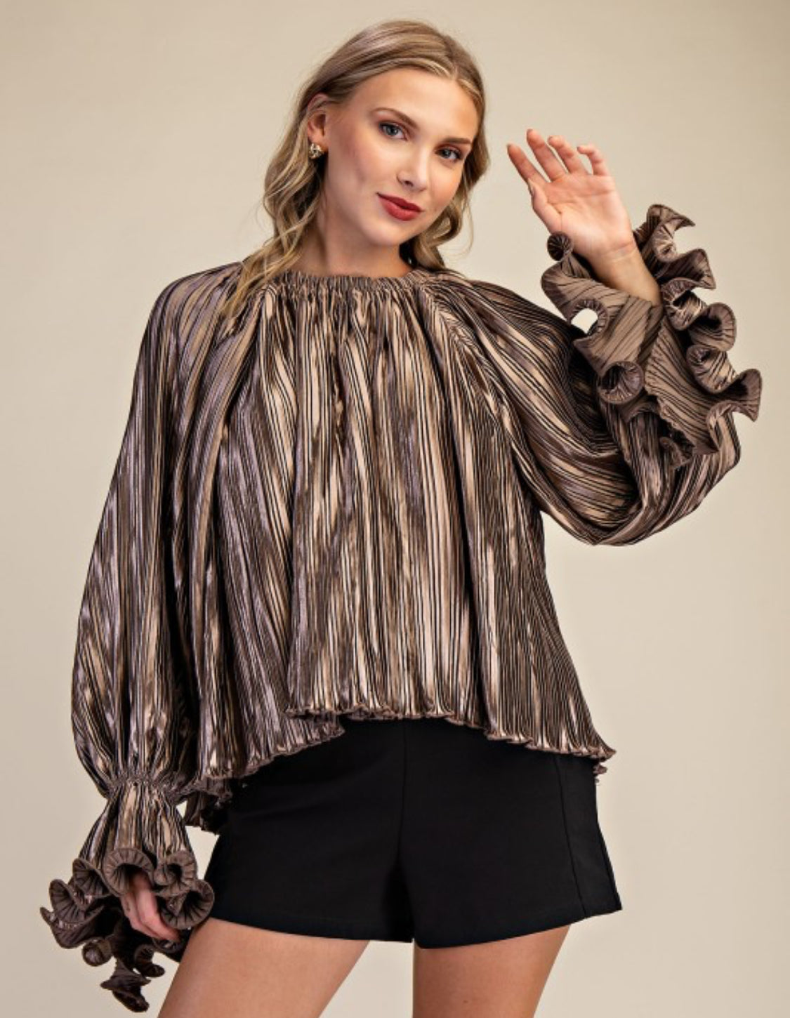 Pleated Full Ruffles Top Mocha