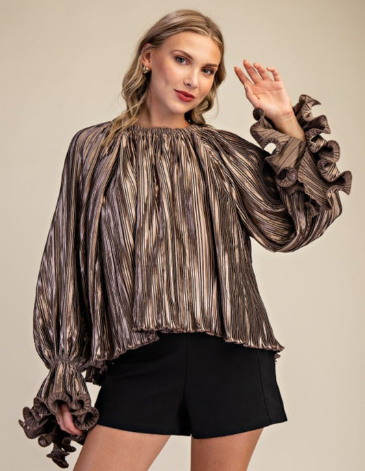 Pleated Full Ruffles Top Mocha