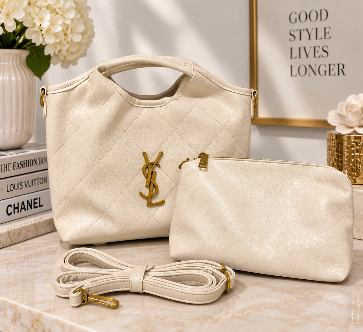 Designer-Inspired Quilted Top Bag Beige