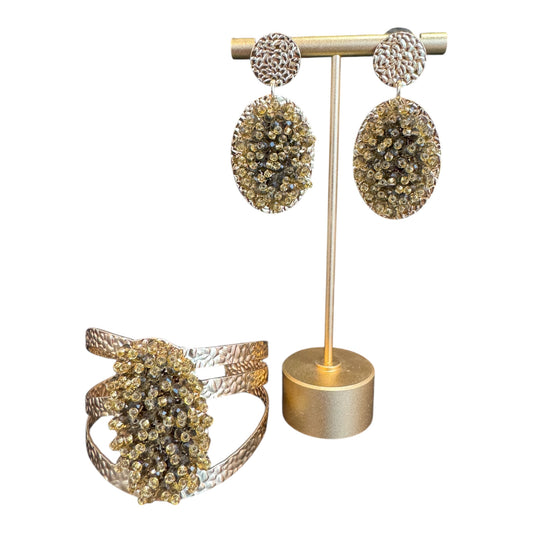 Handcrafted Bracelet and Long Earring Set Brown and Gold