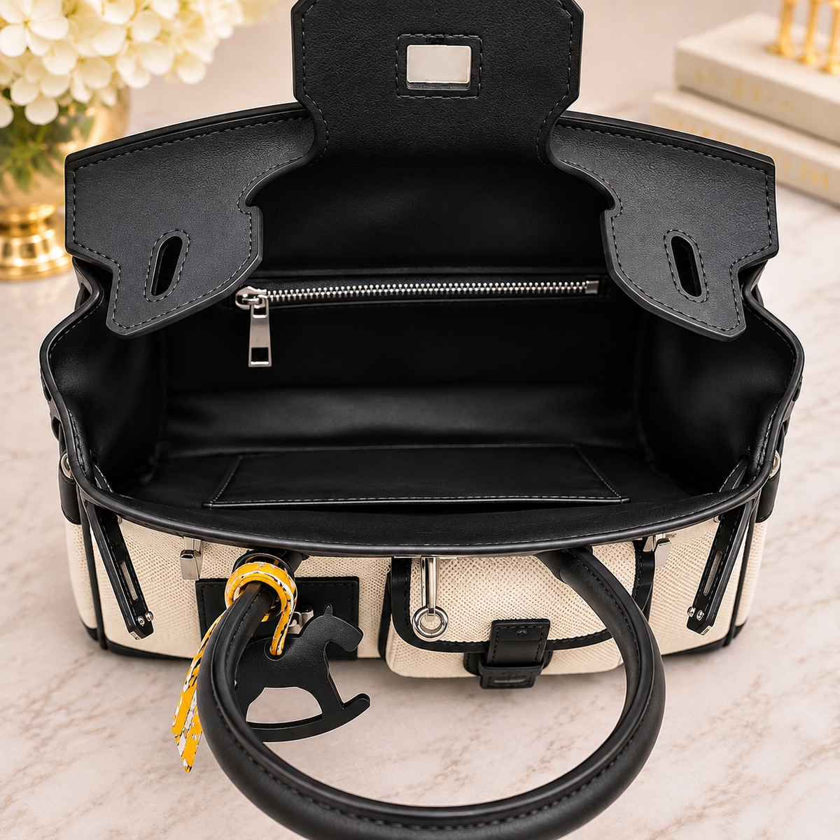 Black Cargo Chic Two-Tone Satchel