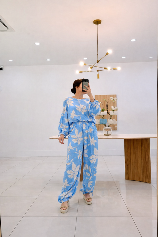 Italian Satin Floral Set Blue-One size