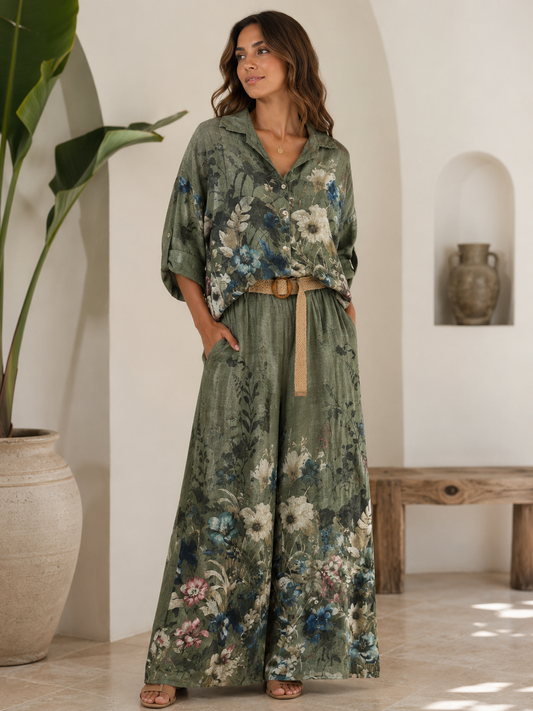 Green Italian Floral Linen Two-Piece Set
