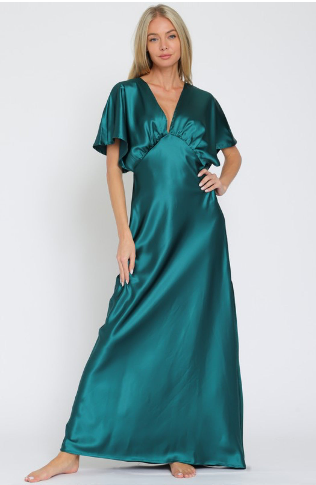 V-neck Short Dolman Sleeve Maxi Dress Green
