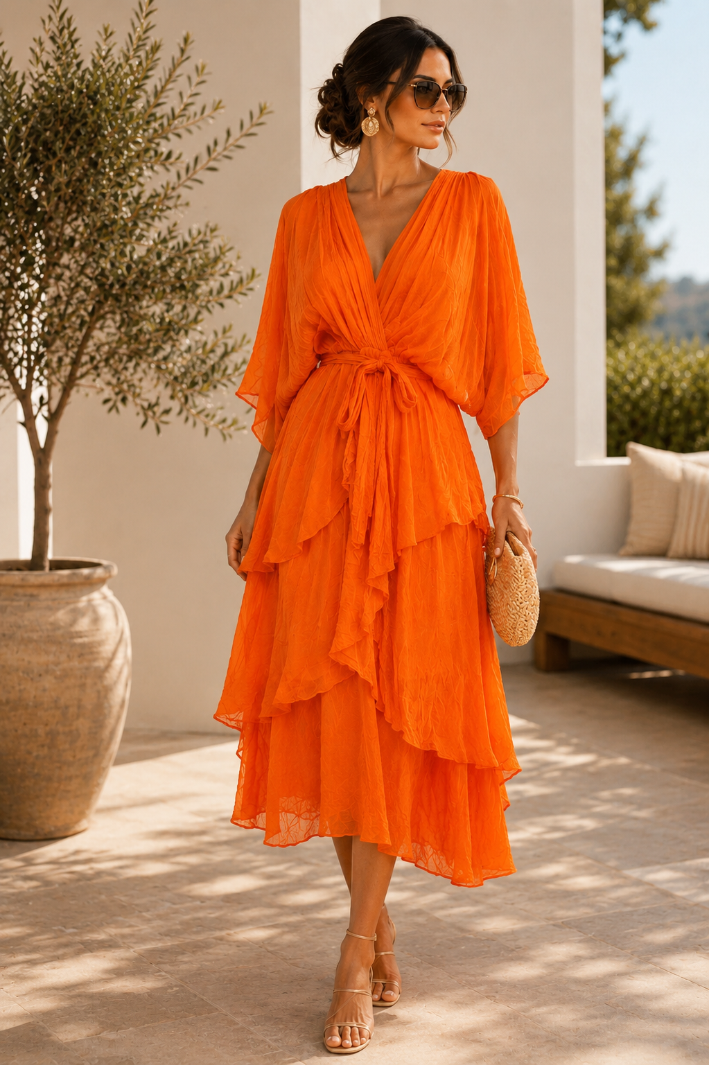 Italian Orange Serena Pearl-Finish Midi Dress